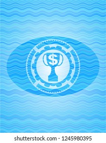 trophy with money symbol inside icon inside water representation emblem background.