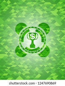 trophy with money symbol inside icon inside green emblem with triangle mosaic background