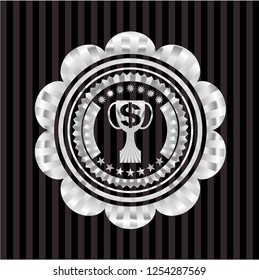 trophy with money symbol inside icon inside silver shiny emblem