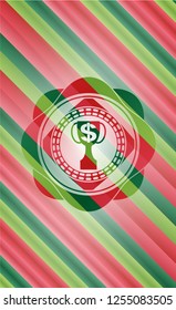 trophy with money symbol inside icon inside christmas colors style badge.