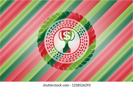 trophy with money symbol inside icon inside christmas colors emblem.