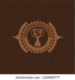 trophy with money symbol inside icon inside vintage wooden emblem