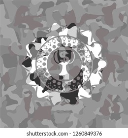 trophy with money symbol inside icon inside grey camouflaged emblem
