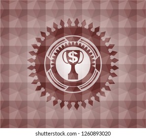 trophy with money symbol inside icon inside red seamless emblem with geometric pattern.