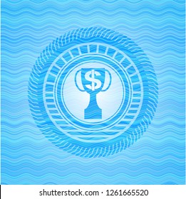 trophy with money symbol inside icon inside sky blue water emblem background.