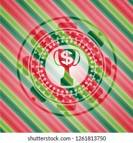 trophy with money symbol inside icon inside christmas style badge..
