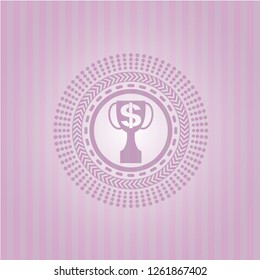 trophy with money symbol inside icon inside pink emblem. Retro