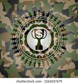 trophy with money symbol inside icon inside camouflage emblem