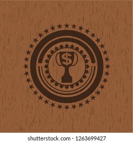 trophy with money symbol inside icon inside vintage wood emblem