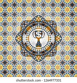 trophy with money symbol inside icon inside arabic style emblem. Arabesque decoration.