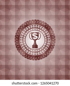 trophy with money symbol inside icon inside red seamless geometric emblem.