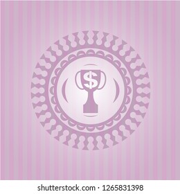 trophy with money symbol inside icon inside pink emblem. Vintage.