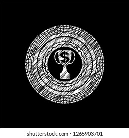 trophy with money symbol inside icon inside chalk emblem written on a blackboard