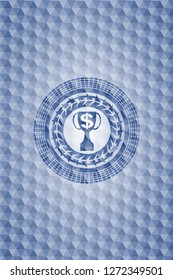 trophy with money symbol inside icon inside blue emblem with geometric background.