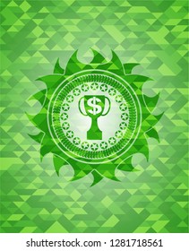 trophy with money symbol inside icon inside realistic green mosaic emblem