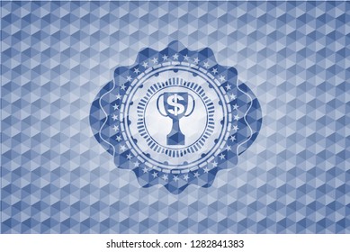 trophy with money symbol inside icon inside blue hexagon badge.