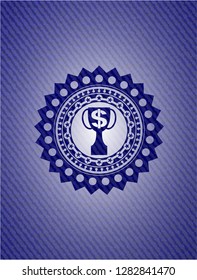 trophy with money symbol inside icon inside emblem with jean background