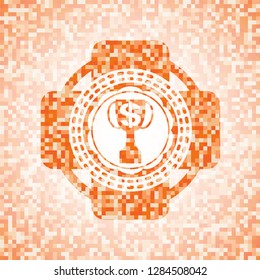 trophy with money symbol inside icon inside abstract emblem, orange mosaic background