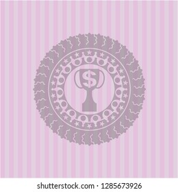 trophy with money symbol inside icon inside badge with pink background