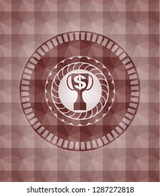 trophy with money symbol inside icon inside red seamless badge with geometric background.