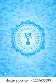 trophy with money symbol inside icon inside light blue emblem with mosaic background