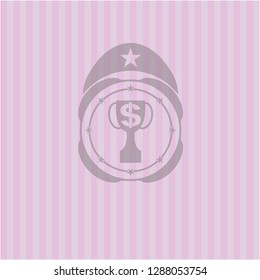 trophy with money symbol inside icon inside realistic pink emblem