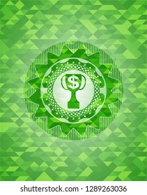 trophy with money symbol inside icon inside green emblem with mosaic ecological style background
