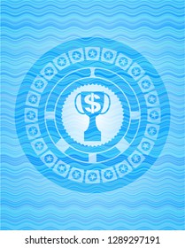 trophy with money symbol inside icon inside light blue water wave style emblem.