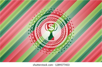 trophy with money symbol inside icon inside christmas style badge..