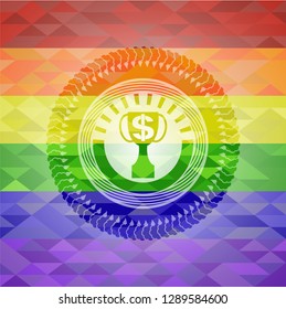 trophy with money symbol inside icon on mosaic background with the colors of the LGBT flag