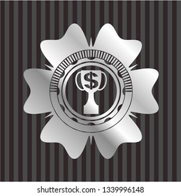 trophy with money symbol inside icon inside silvery shiny emblem