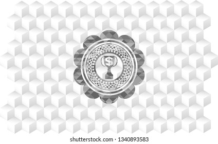 trophy with money symbol inside icon inside grey emblem. Retro with geometric cube white background