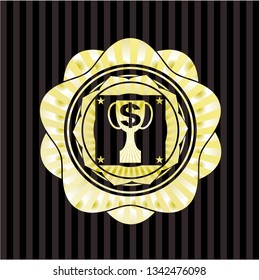 trophy with money symbol inside icon inside gold badge
