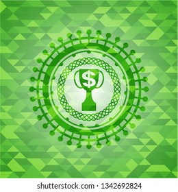 trophy with money symbol inside icon inside green mosaic emblem