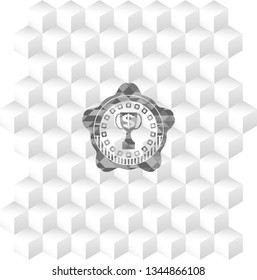 trophy with money symbol inside icon inside grey emblem. Vintage with geometric cube white background