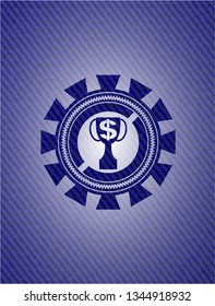 trophy with money symbol inside icon inside emblem with jean texture