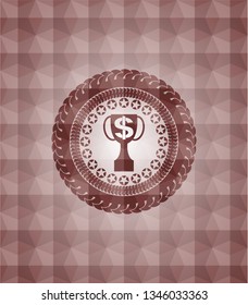 trophy with money symbol inside icon inside red seamless emblem with geometric pattern background.