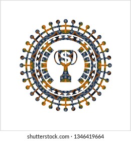 trophy with money symbol inside icon inside arabesque badge. arabic decoration.