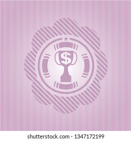 trophy with money symbol inside icon inside pink emblem. Retro
