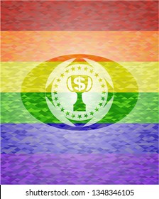 trophy with money symbol inside icon inside emblem on mosaic background with the colors of the LGBT flag