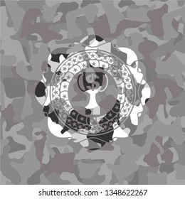 trophy with money symbol inside icon inside grey camo emblem