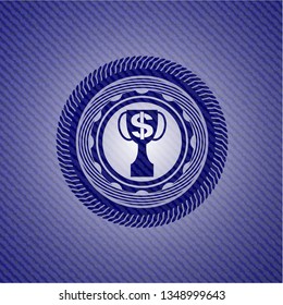trophy with money symbol inside icon inside emblem with jean background