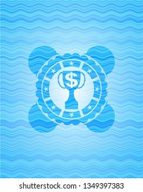 trophy with money symbol inside icon inside sky blue water badge background.