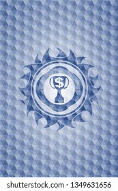 trophy with money symbol inside icon inside blue emblem or badge with abstract geometric polygonal pattern background.