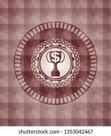 trophy with money symbol inside icon inside red geometric pattern emblem. Seamless.