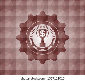 trophy with money symbol inside icon inside red badge with geometric pattern background. Seamless.