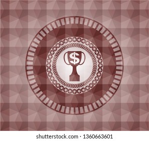 trophy with money symbol inside icon inside red emblem with geometric pattern. Seamless.
