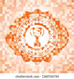 trophy with money symbol inside icon inside orange mosaic emblem with background
