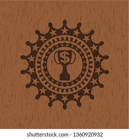 trophy with money symbol inside icon inside realistic wood emblem