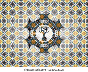 trophy with money symbol inside icon inside arabic emblem. Arabesque decoration.